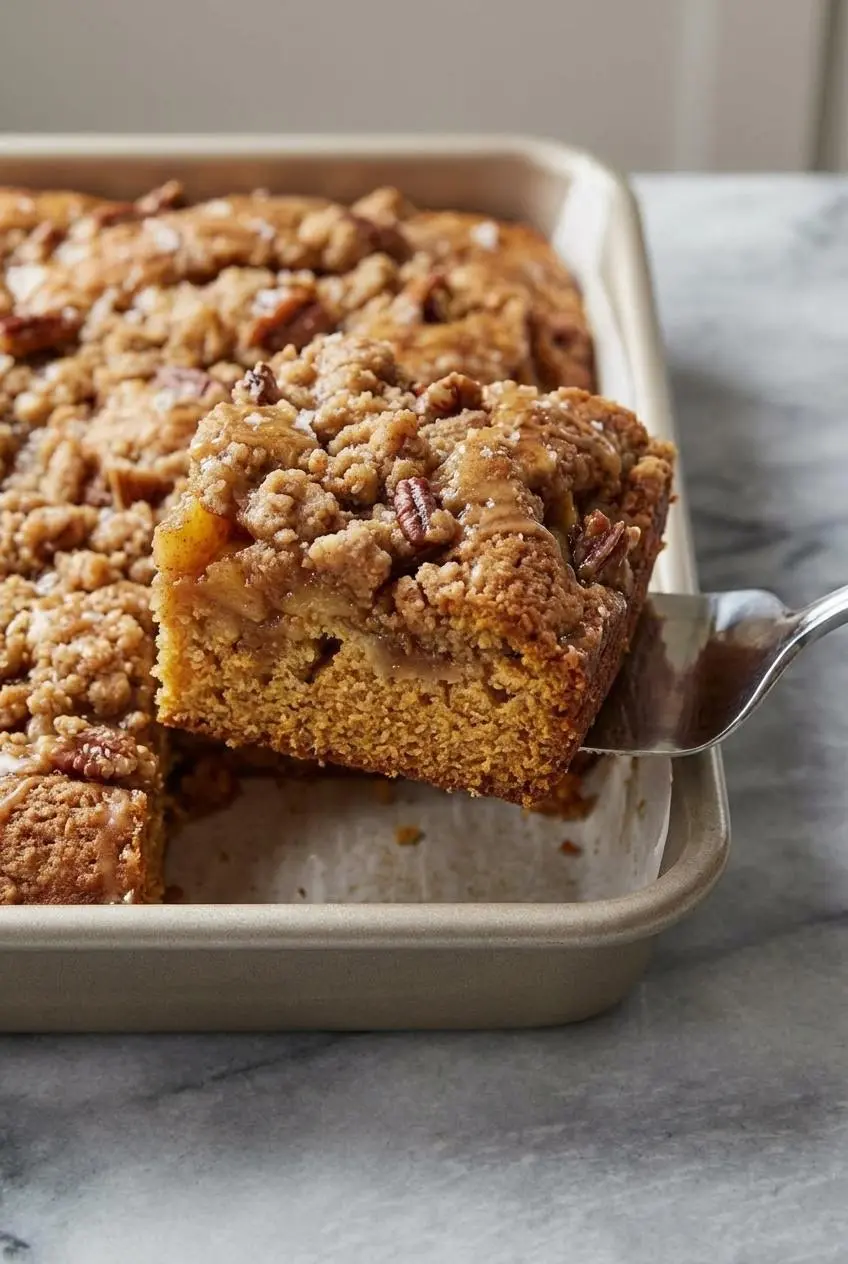 A close-up view showing the moist crumb and tender apple chunks inside the Apple Crisp Coffee Cake, right under the streusel topping.