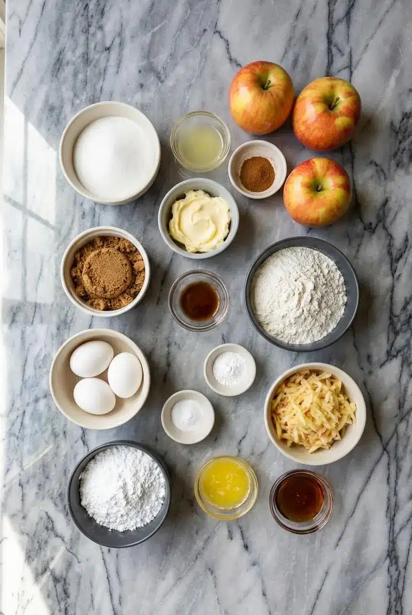 Ingredients for Apple Crisp Coffee Cake laid out, including fresh Honeycrisp apples, flour, brown sugar, cinnamon, and sour cream.
