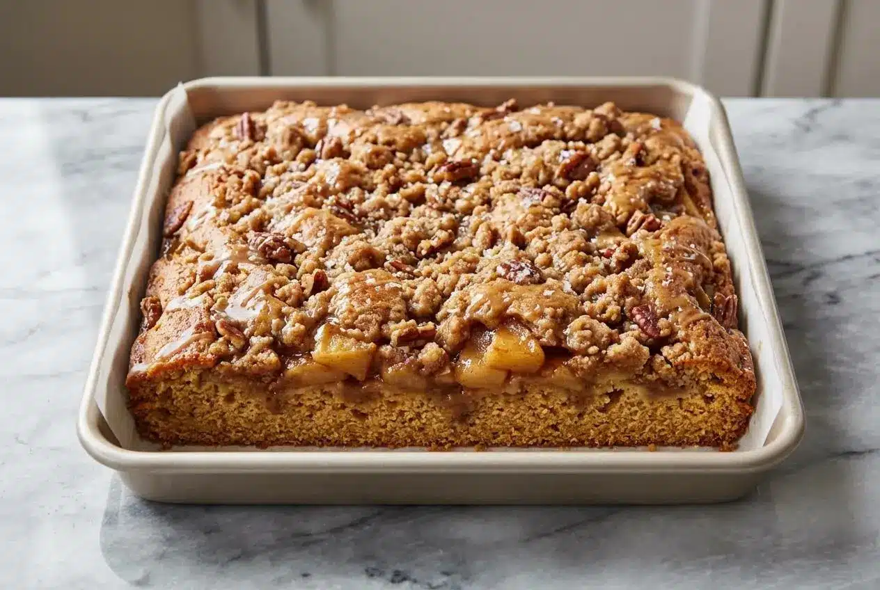A square slice of Apple Crisp Coffee Cake with a thick, nutty brown butter and toasted pecan streusel topping, drizzled with glaze.