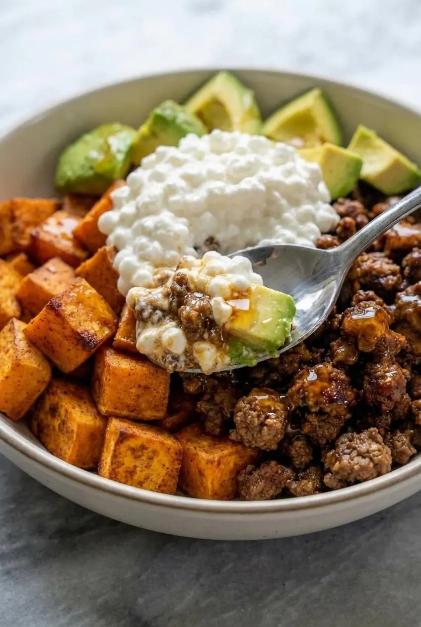 A fork digging into a hot honey cottage cheese sweet potato beef bowl, showing the mix of tender beef, avocado, and creamy cheese.