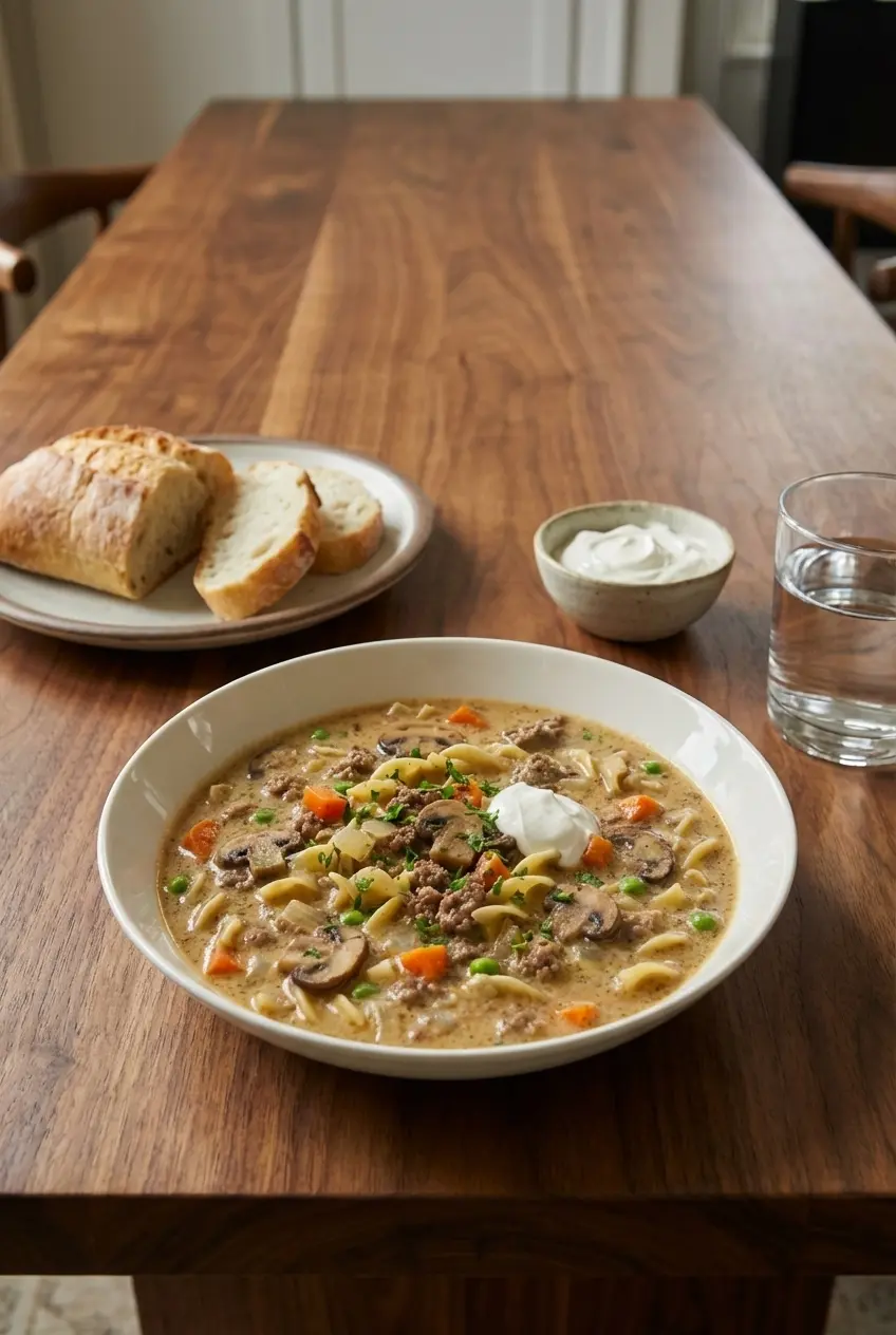 A bowl of Beef Stroganoff Soup garnished with fresh parsley and a dollop of sour cream, served on a dinner table for a cozy meal.