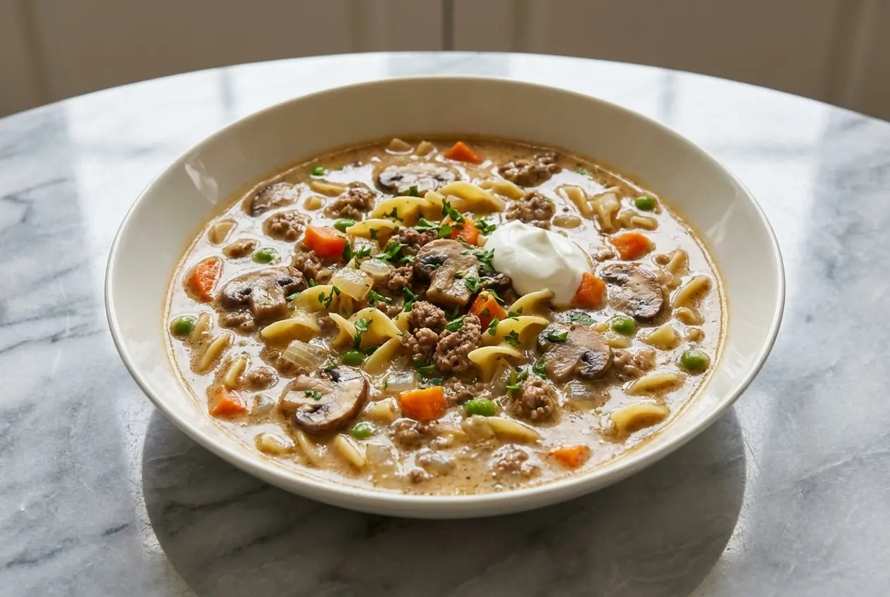 A rich bowl of Beef Stroganoff Soup with tender sirloin steak and noodles, featuring an extra creamy broth from a mushroom umami bomb.