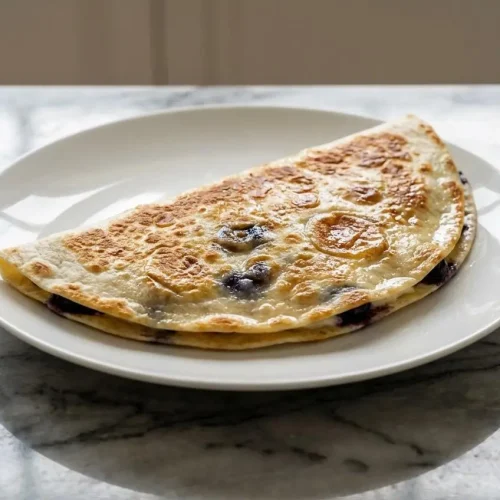 A golden-brown blueberry breakfast quesadilla, toasted in nutty browned butter and cut to show the creamy, lemon-zest filling.
