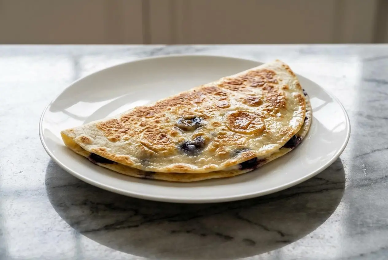 A golden-brown blueberry breakfast quesadilla, toasted in nutty browned butter and cut to show the creamy, lemon-zest filling.