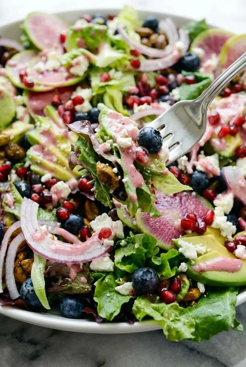 A close-up of the Blueberry Pistachio Spring Salad, showcasing vibrant watermelon radish, sweet blueberries, and candied pistachios.