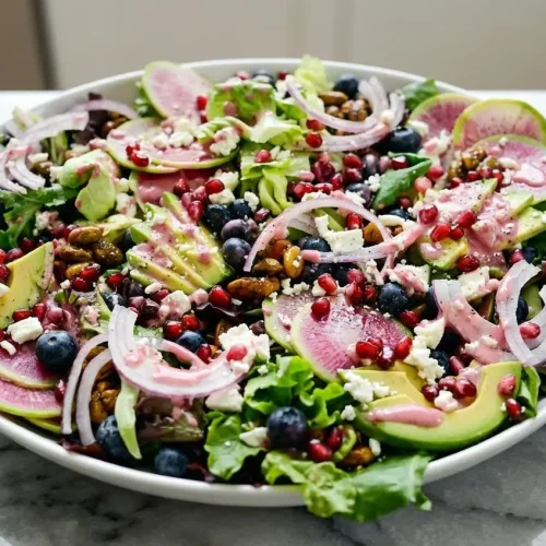 A large white bowl of Blueberry Pistachio Spring Salad with feta, candied nuts, and a drizzle of hot honey pomegranate vinaigrette.
