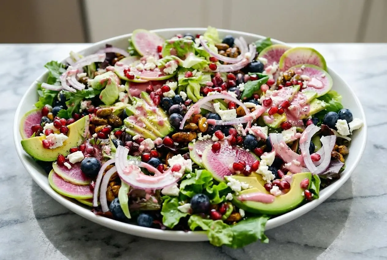 A large white bowl of Blueberry Pistachio Spring Salad with feta, candied nuts, and a drizzle of hot honey pomegranate vinaigrette.