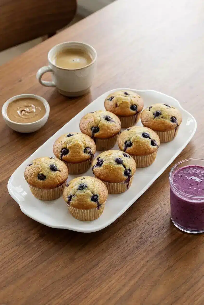 A stack of blueberry protein muffins on a wire rack, ready for a healthy meal prep breakfast or afternoon snack.