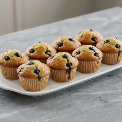 A plate of blueberry protein muffins bursting with juicy berries, with a hint of fresh lemon zest for a bright, citrusy flavor.