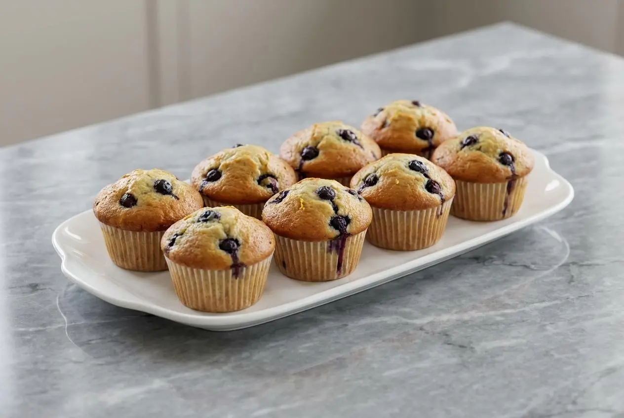A plate of blueberry protein muffins bursting with juicy berries, with a hint of fresh lemon zest for a bright, citrusy flavor.
