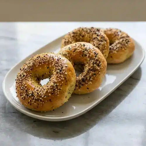 Chewy air fryer protein bagels with a golden-brown crust from boiling, topped with everything bagel seasoning on a plate.