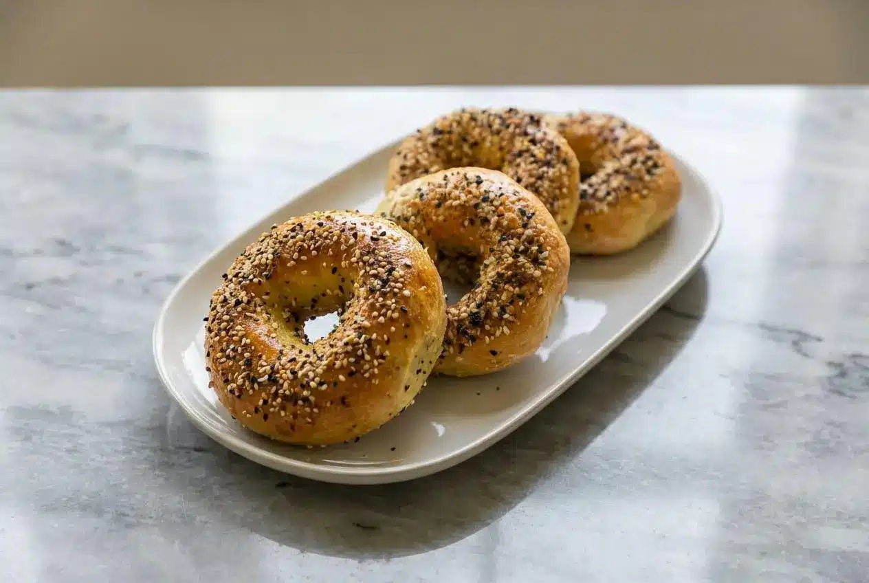 Chewy air fryer protein bagels with a golden-brown crust from boiling, topped with everything bagel seasoning on a plate.