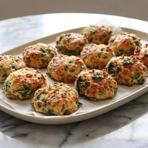 A stack of golden brown breakfast protein biscuits, with one cut open to reveal a tender, moist interior made with cottage cheese.