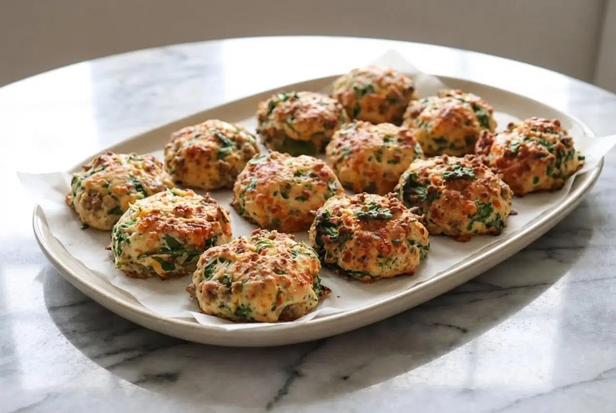 A stack of golden brown breakfast protein biscuits, with one cut open to reveal a tender, moist interior made with cottage cheese.