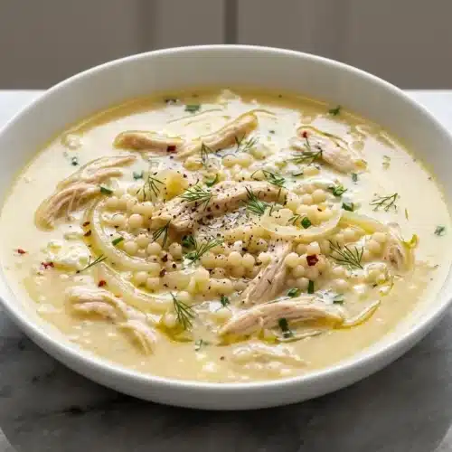 A bowl of creamy Greek Lemon Chicken Soup with a golden sheen from brown butter, filled with chicken and orzo, garnished with fresh dill.