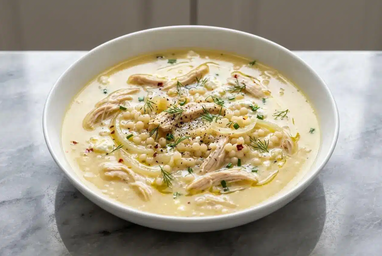 A bowl of creamy Greek Lemon Chicken Soup with a golden sheen from brown butter, filled with chicken and orzo, garnished with fresh dill.