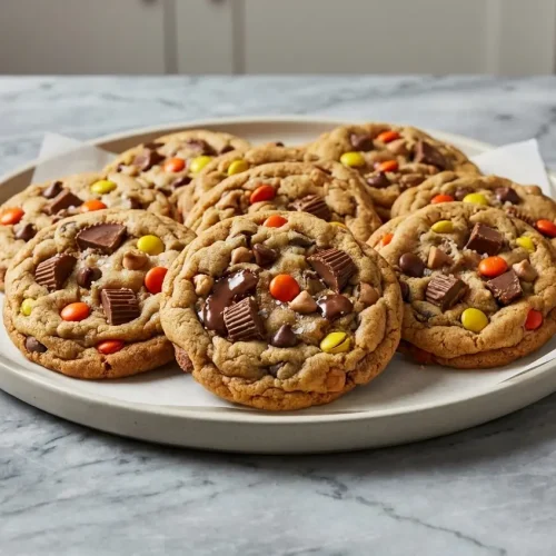 Stacked Triple Reese’s Peanut Butter Cookies featuring a deep golden color from nutty browned butter.