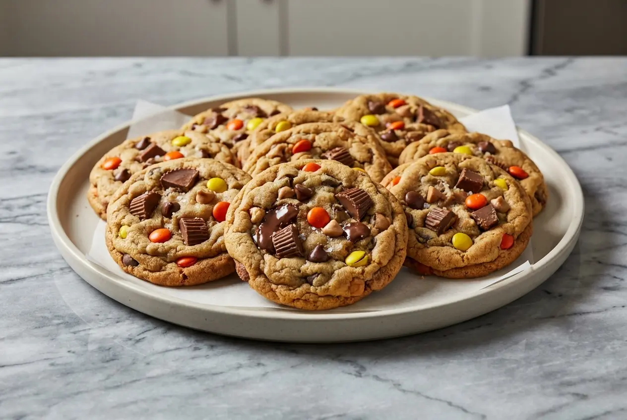 Stacked Triple Reese’s Peanut Butter Cookies featuring a deep golden color from nutty browned butter.