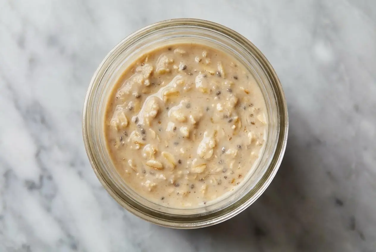 A mason jar of creamy brown sugar overnight oats, topped with a sprinkle of toasted oats for extra flavor and a satisfying texture.