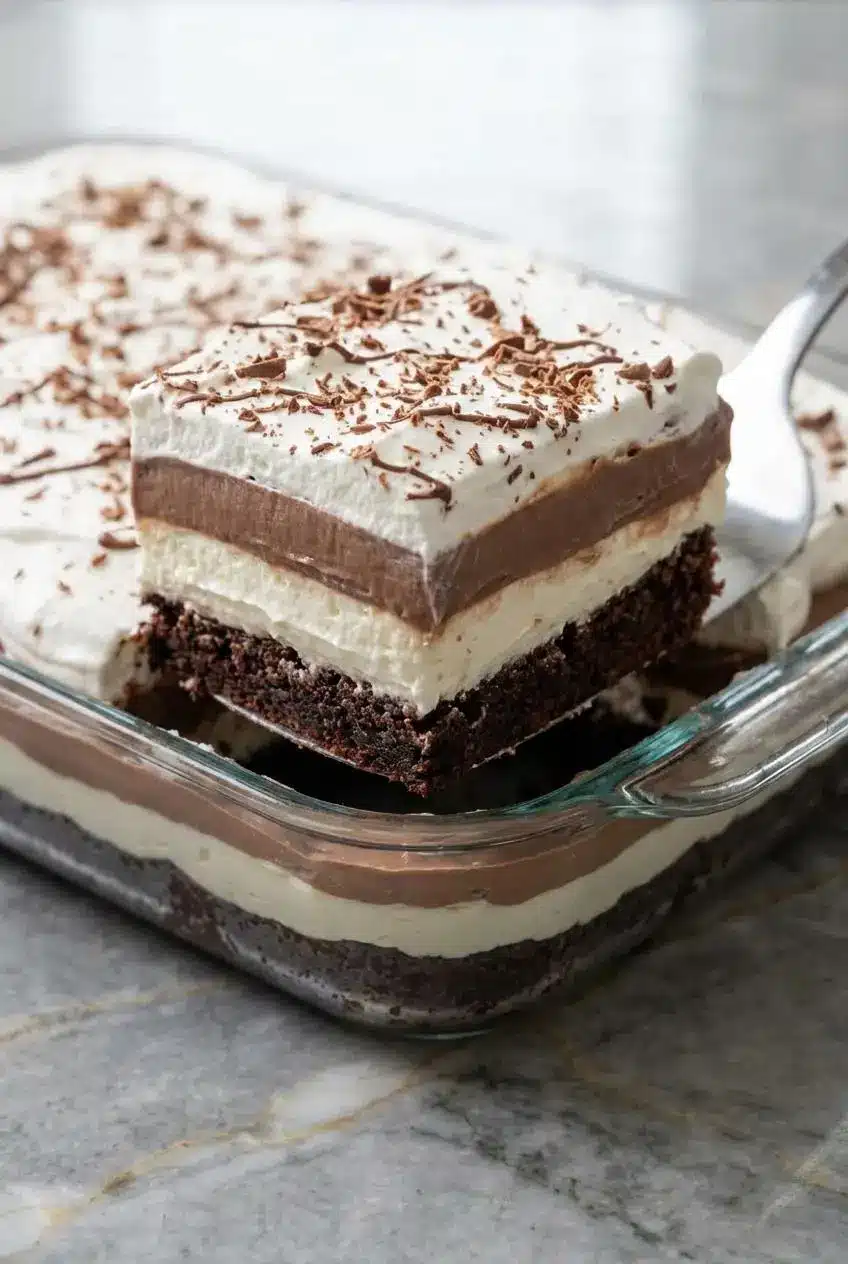 A side view showing the distinct, neat layers of the Brownie Refrigerator Cake inside a 9x13 pan before slicing.
