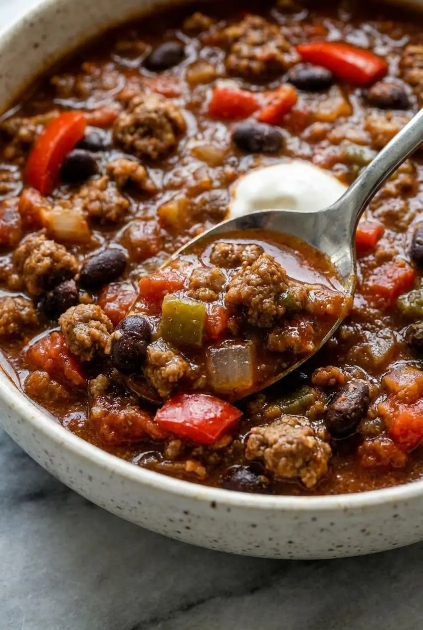 A Dutch oven showing spices like chili powder and cocoa powder being added to browned beef to create a flavorful High Protein Beef Chili.