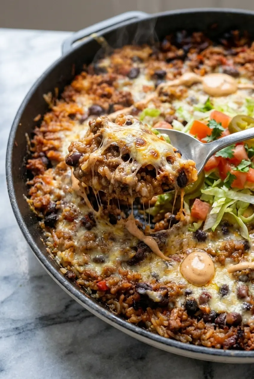 A close-up scoop of burrito casserole showing the delicious layers of seasoned ground beef, melted cheese, and tender rice.