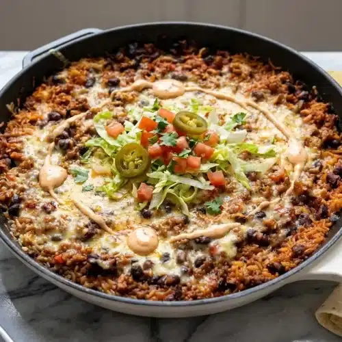 A golden, cheesy burrito casserole in a 9x13 baking dish, finished with a drizzle of smoky chipotle crema and fresh cilantro.