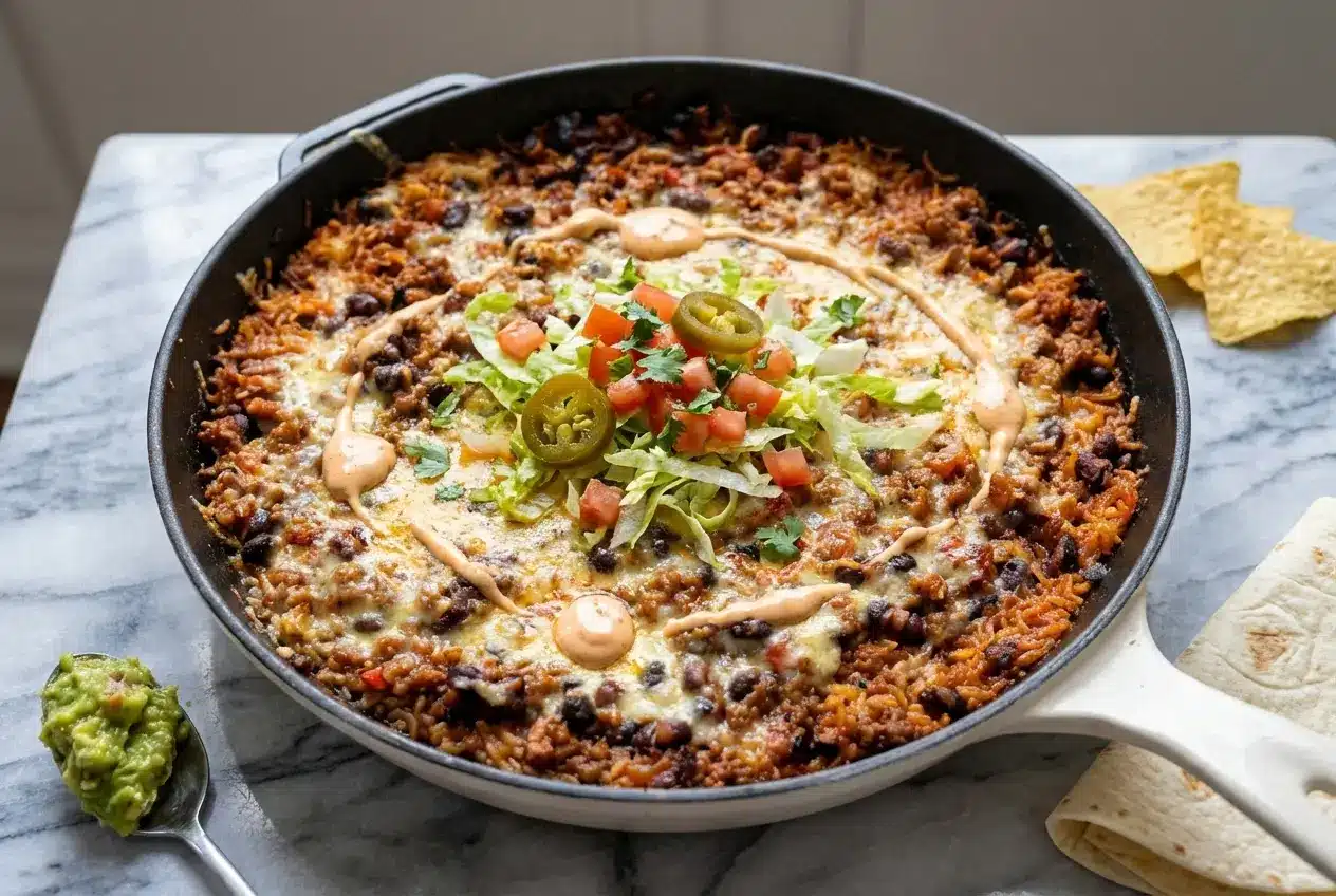 A golden, cheesy burrito casserole in a 9x13 baking dish, finished with a drizzle of smoky chipotle crema and fresh cilantro.