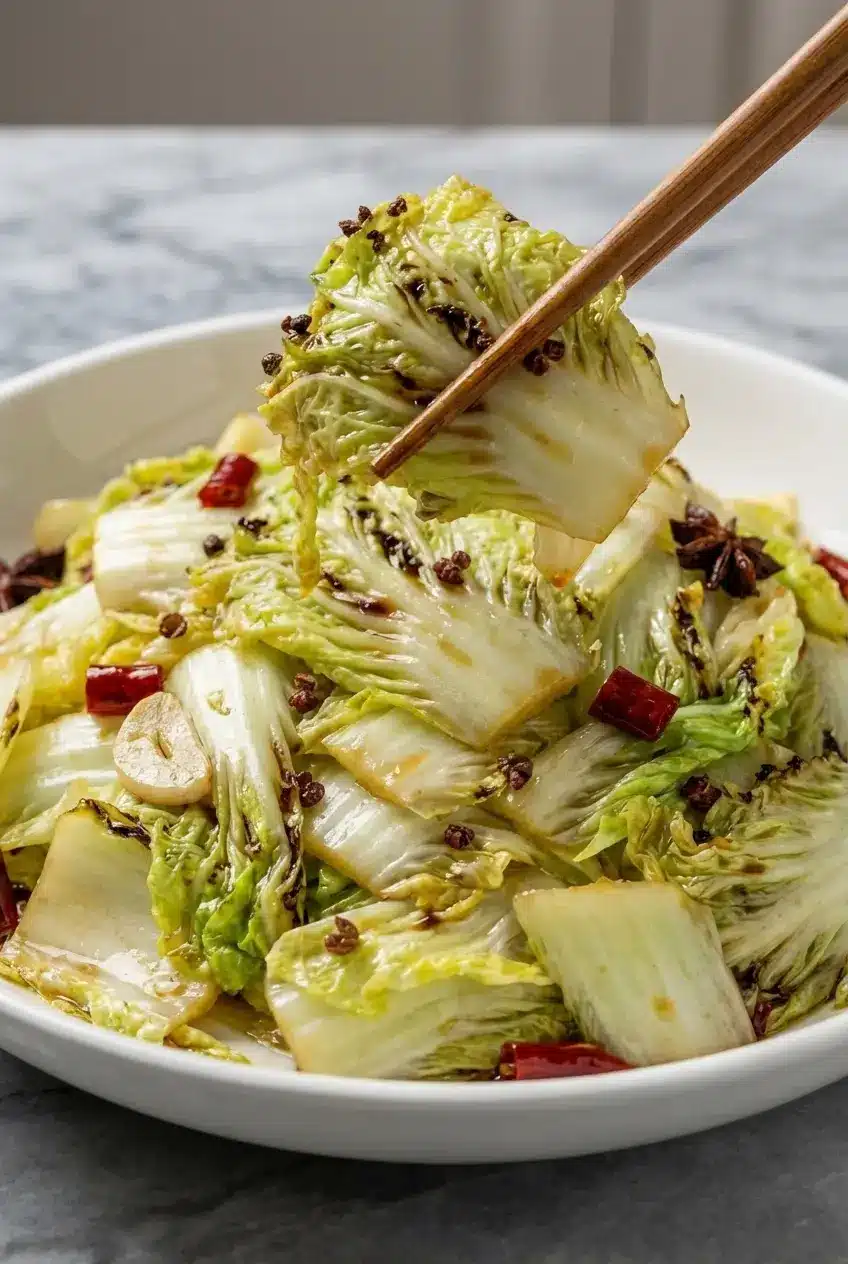 A close-up of cabbage sizzling in a hot wok, showing the beginning of the wilting process for a perfect Cabbage Stir Fry.