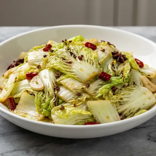 A bowl of savory Cabbage Stir Fry with crisp-tender cabbage, glistening from a final drizzle of toasted sesame oil.