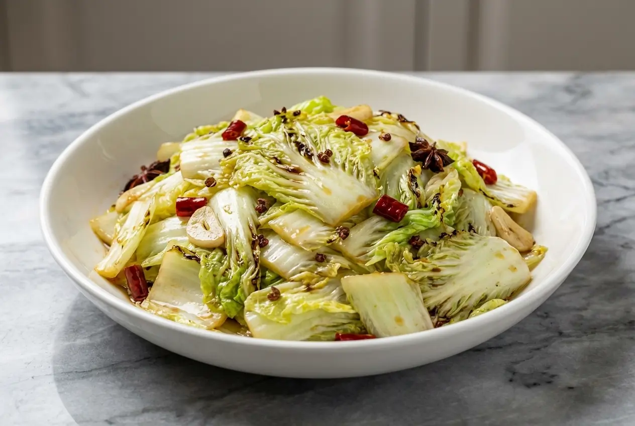 A bowl of savory Cabbage Stir Fry with crisp-tender cabbage, glistening from a final drizzle of toasted sesame oil.