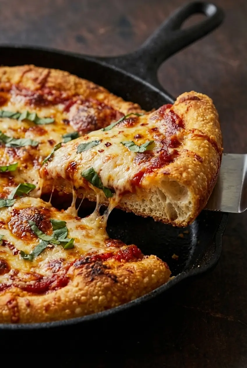 Close-up showing the ultra-crispy, golden-brown fried bottom of a slice of Cast Iron Skillet Pizza, revealing its unique texture.