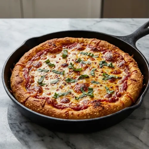 A whole Cast Iron Skillet Pizza with a deeply golden, crispy crust from searing sausage in the pan before baking, topped with cheese.