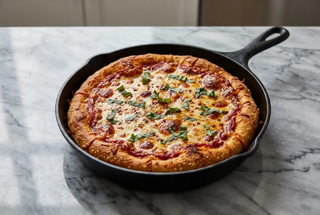 A whole Cast Iron Skillet Pizza with a deeply golden, crispy crust from searing sausage in the pan before baking, topped with cheese.