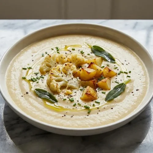 A creamy bowl of cauliflower and potato soup topped with a swirl of rich brown butter, crispy sage leaves, and fresh chives.