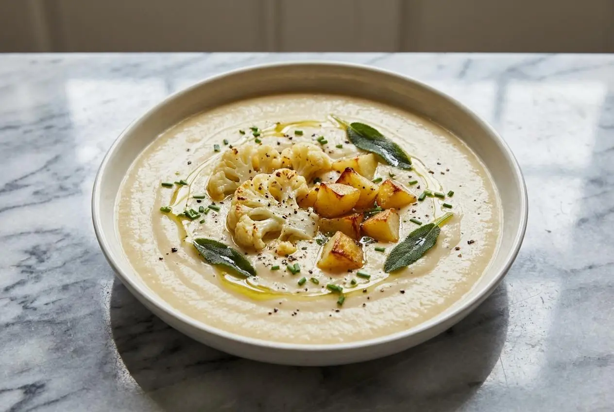 A creamy bowl of cauliflower and potato soup topped with a swirl of rich brown butter, crispy sage leaves, and fresh chives.