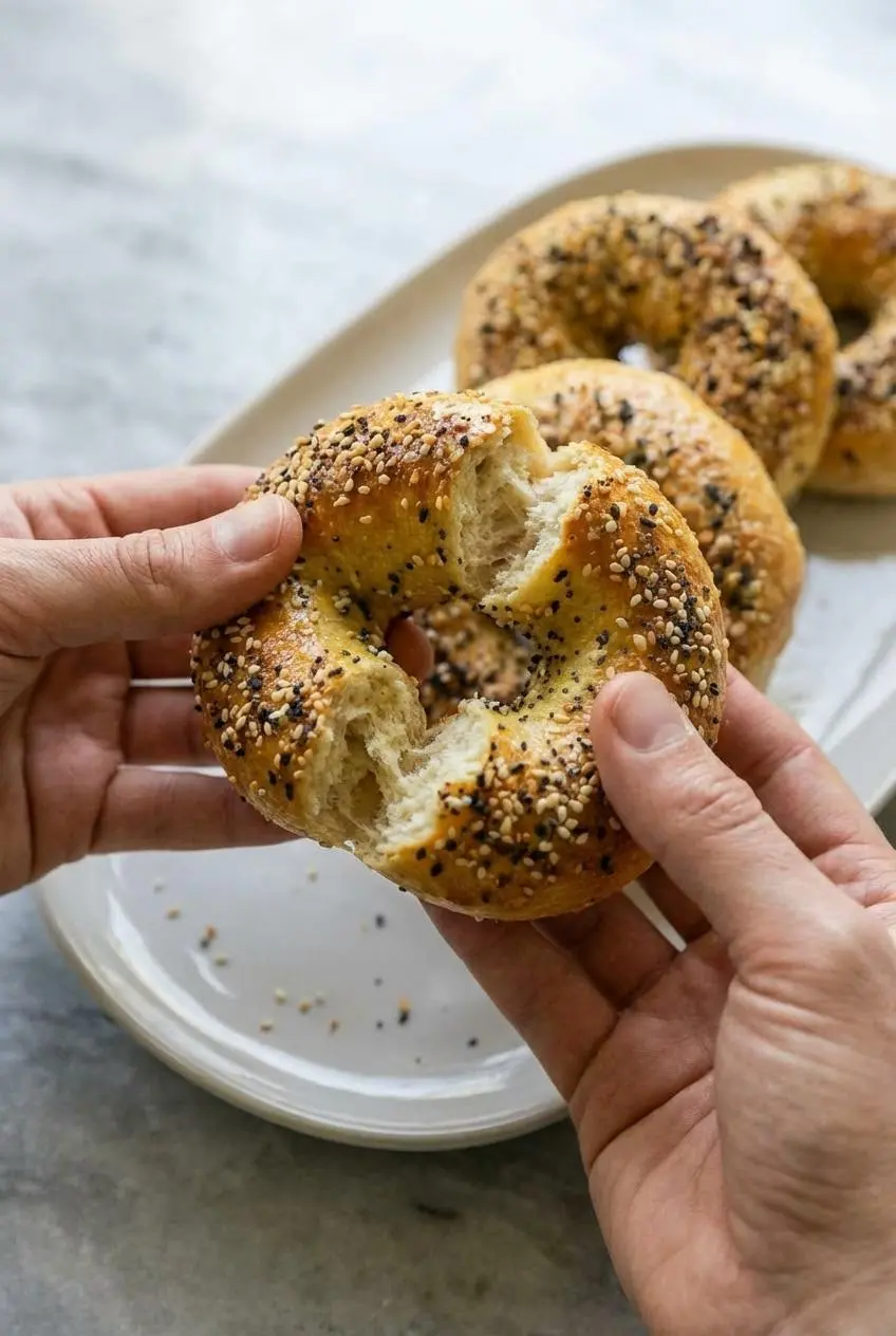 A sliced-open air fryer protein bagel revealing its dense, chewy crumb, a result of the vital wheat gluten and boiling step.
