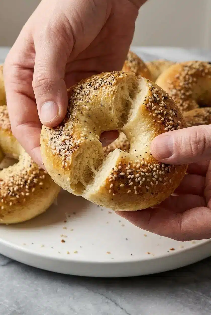 A close-up shot showing the chewy, blistered texture on a Sourdough Discard Protein Bagel with Greek Yogurt after being boiled.