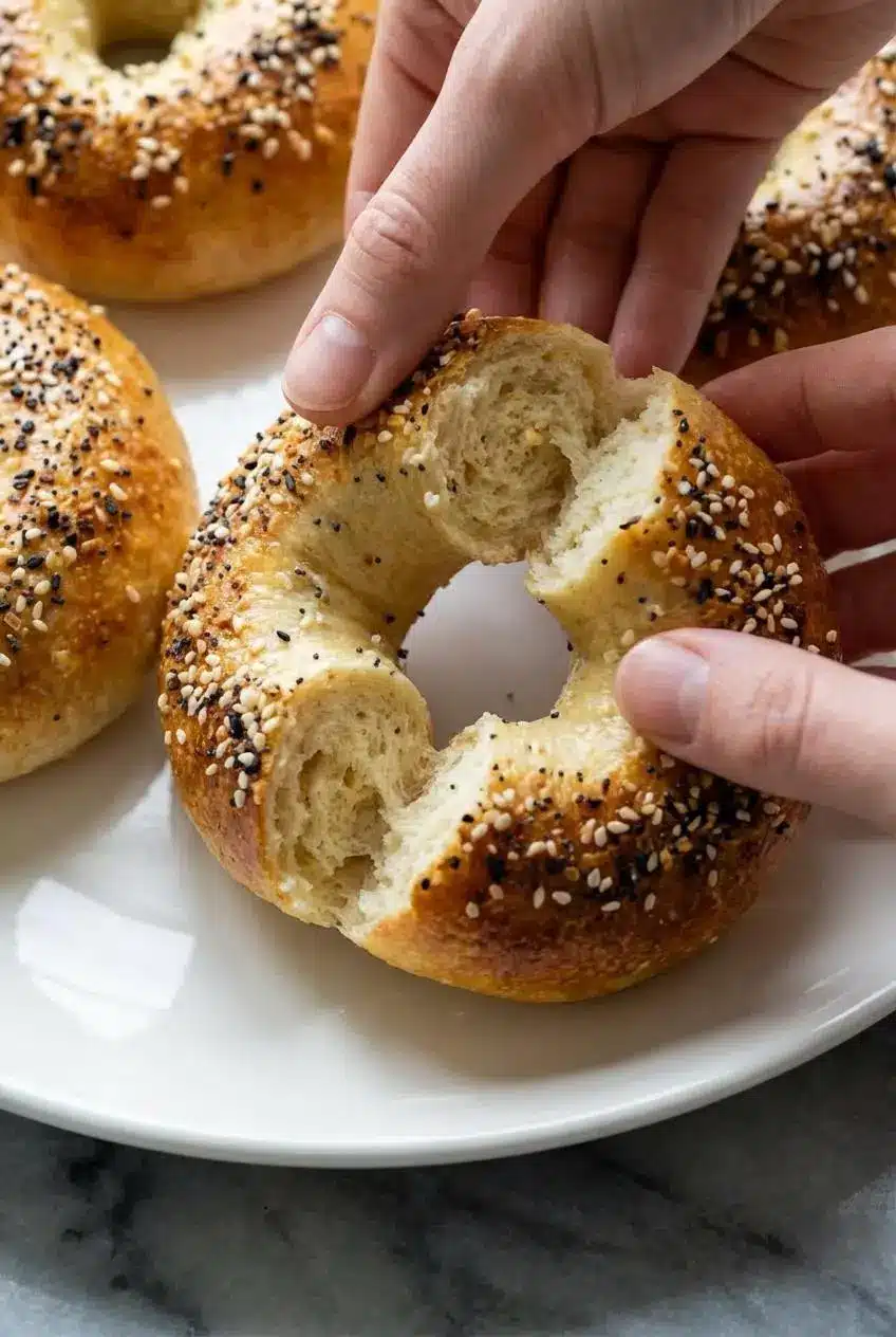 A high protein cottage cheese bagel sliced in half, revealing its perfectly soft and chewy interior crumb.