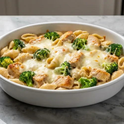 A golden-topped chicken and broccoli pasta bake in a baking dish, featuring a rich, creamy sauce made with nutty brown butter.