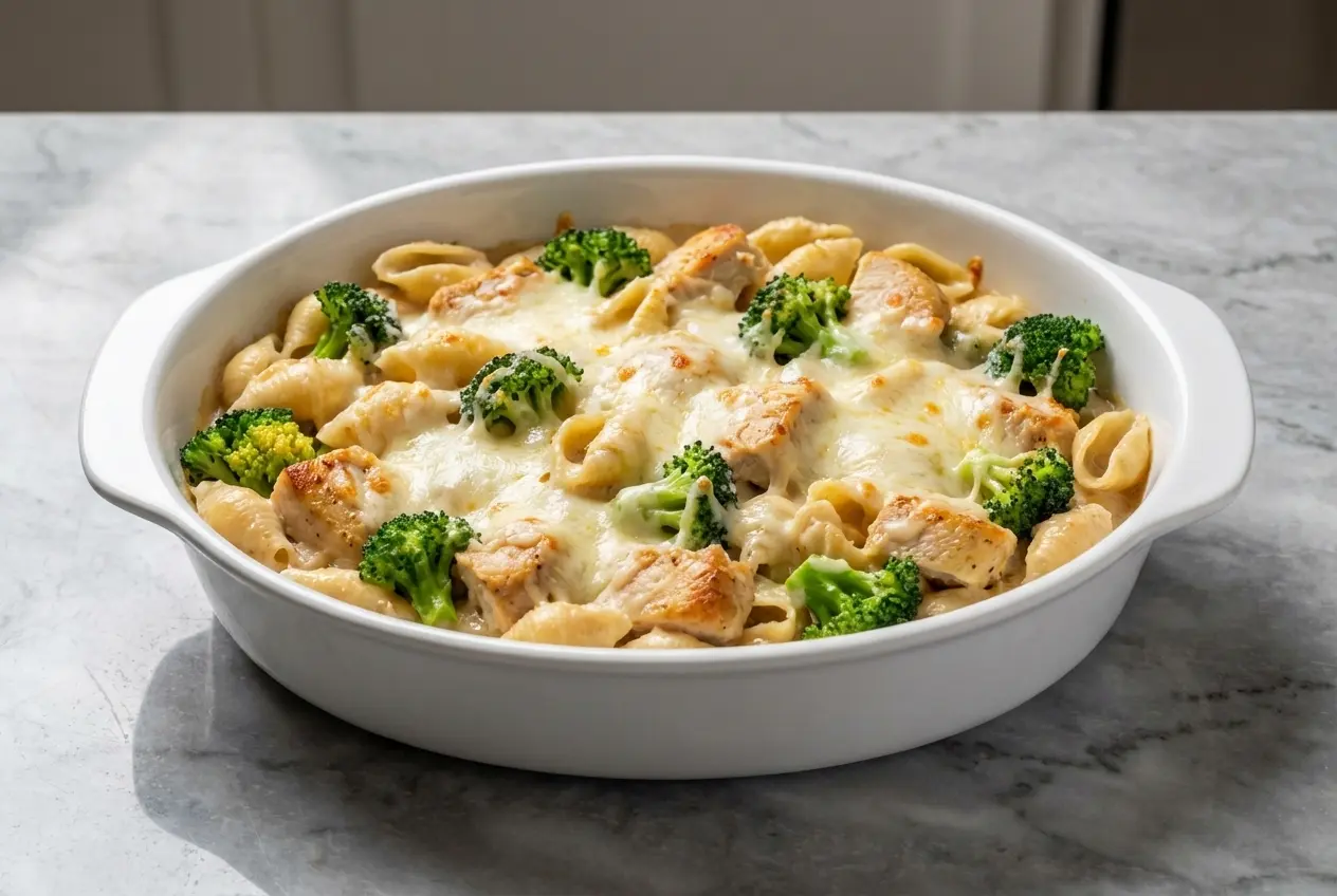 A golden-topped chicken and broccoli pasta bake in a baking dish, featuring a rich, creamy sauce made with nutty brown butter.