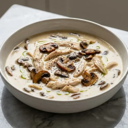 A bowl of creamy chicken and mushroom soup, with tender chicken and mushrooms in a rich broth enhanced with soy sauce and dry sherry.