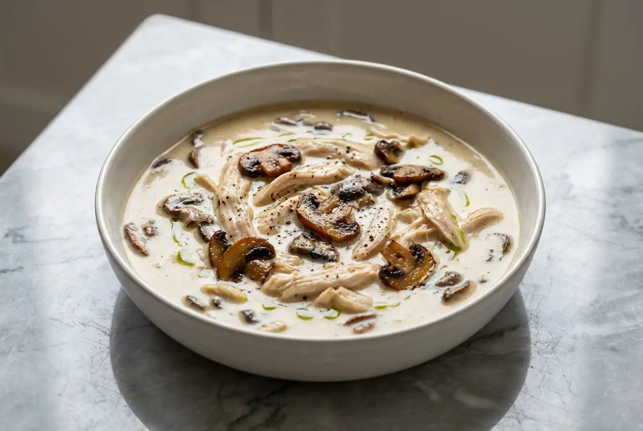 A bowl of creamy chicken and mushroom soup, with tender chicken and mushrooms in a rich broth enhanced with soy sauce and dry sherry.