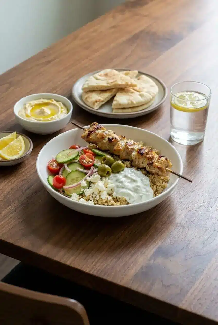 Glass meal prep containers filled with the components for a chicken gyro bowl, perfect for a healthy make-ahead lunch.