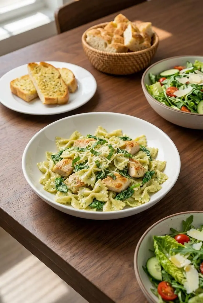 A serving of Creamy Chicken Pesto Pasta with Spinach in a bowl on a dinner table, ready for an easy weeknight meal.