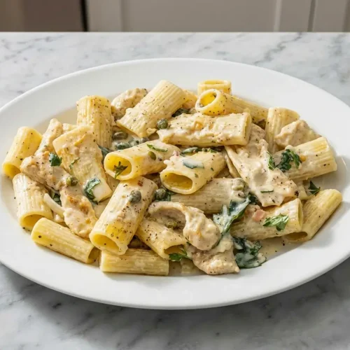 A white bowl of Chicken Piccata Pasta with golden-brown chicken cutlets in a creamy sauce, finished with fresh parsley and capers.