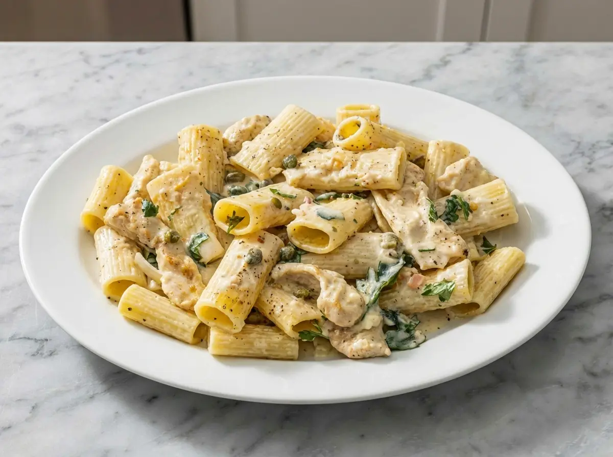 A white bowl of Chicken Piccata Pasta with golden-brown chicken cutlets in a creamy sauce, finished with fresh parsley and capers.