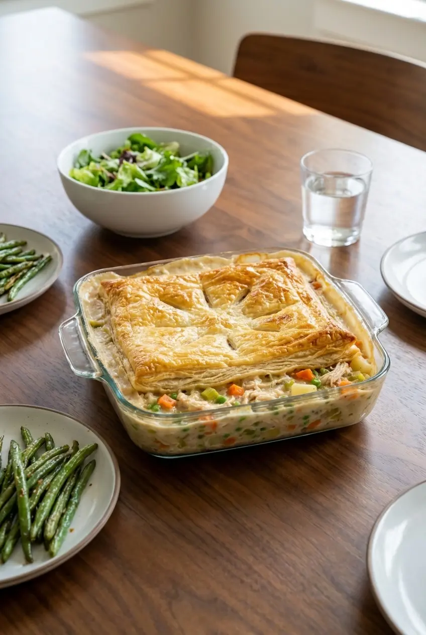 A serving of Chicken Pot Pie Casserole in a white bowl with a spoon, ready to be enjoyed as a comforting weeknight dinner.