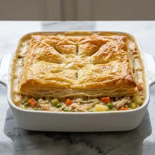 A golden-brown Chicken Pot Pie Casserole with a flaky puff pastry crust, revealing a creamy filling enriched with sherry and nutmeg.