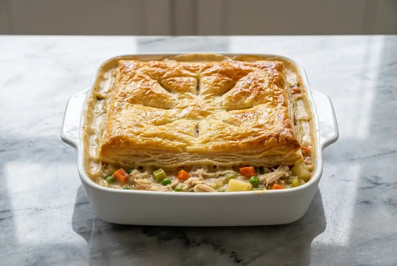 A golden-brown Chicken Pot Pie Casserole with a flaky puff pastry crust, revealing a creamy filling enriched with sherry and nutmeg.